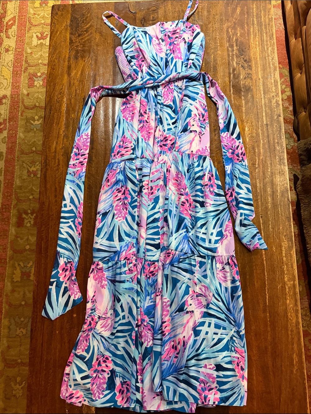 Lilly Pulitzer Pink & Blue Tropical Tie Waist Maxi Dress NEW WITHOUT TAGS